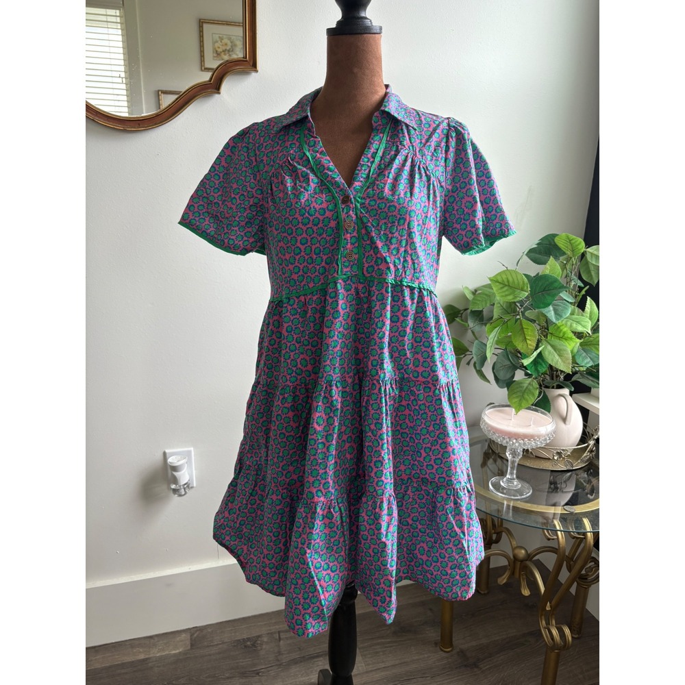 Umgee USA Pink Green Floral A‎ Lined Tiered Mini Dress Flutter Sleeve Small